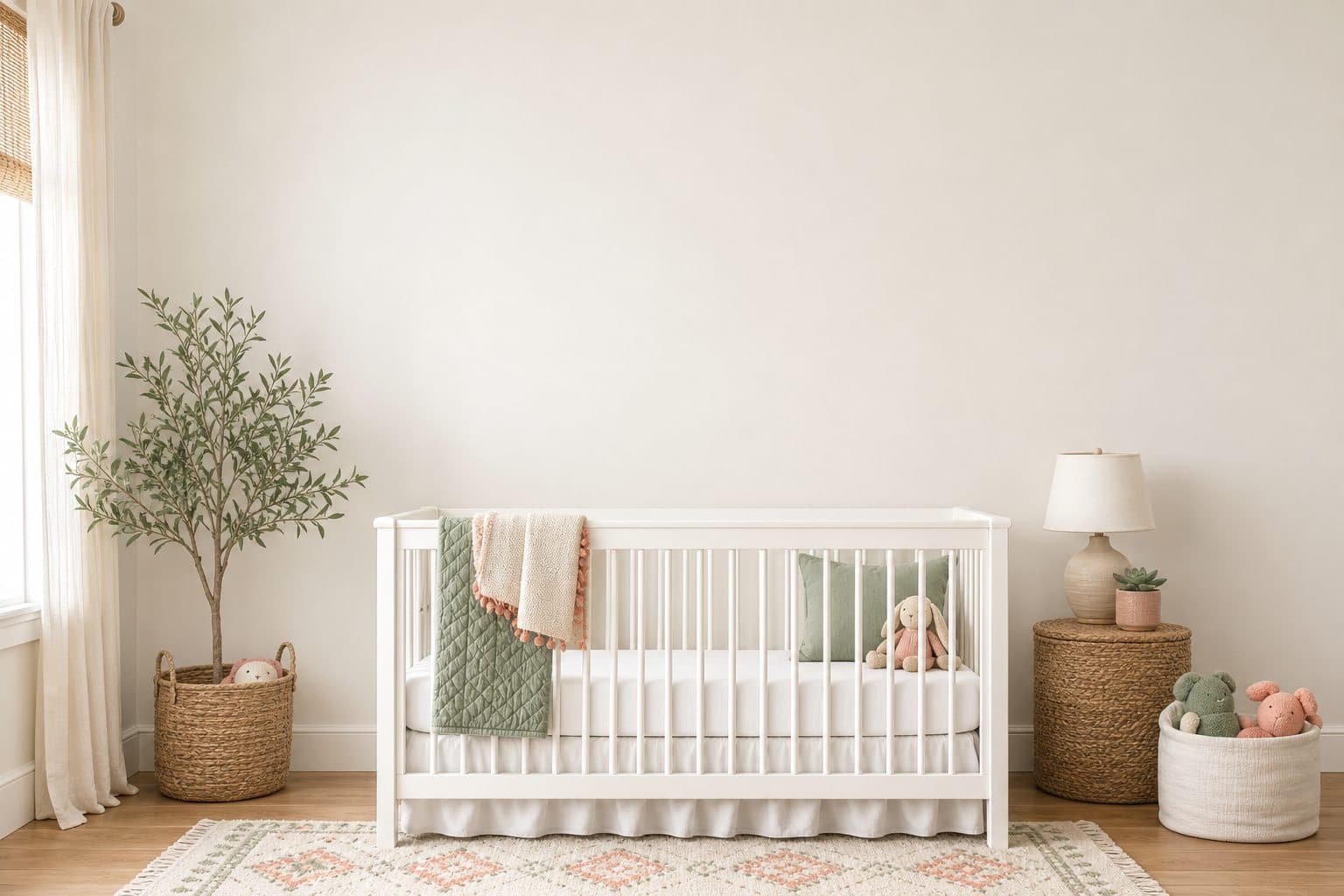 A calm nursery with an Explorer print above the crib