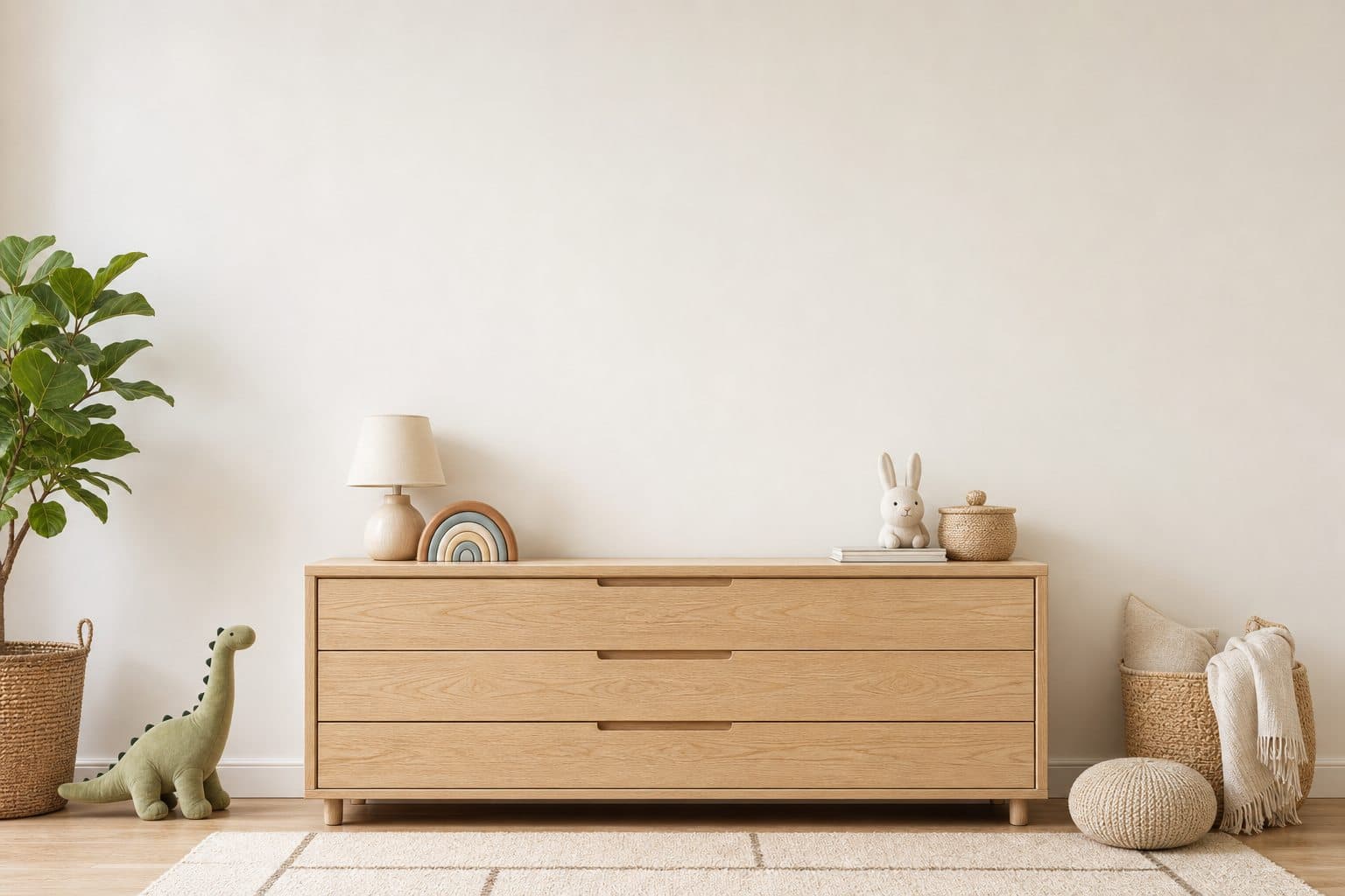 A warm playroom with two Explorers prints above a wooden dresser