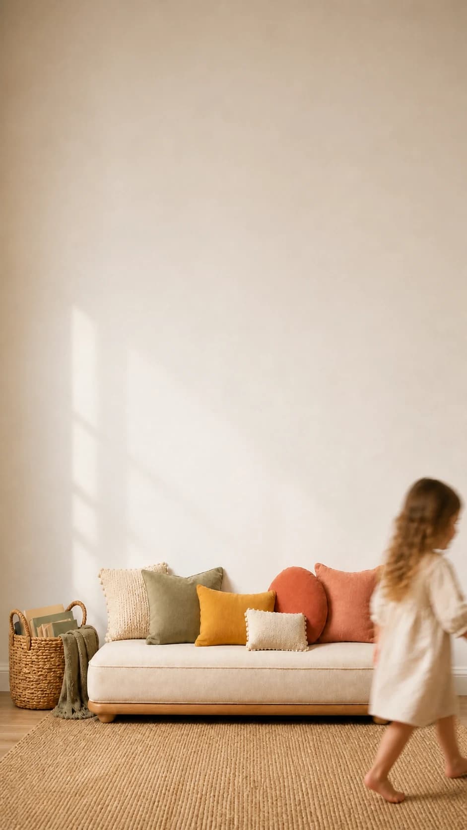 A warm children's reading room with a child walking beside a low sofa