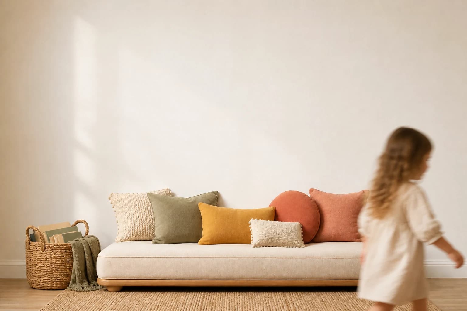 A warm children's reading room with a child moving past a low sofa