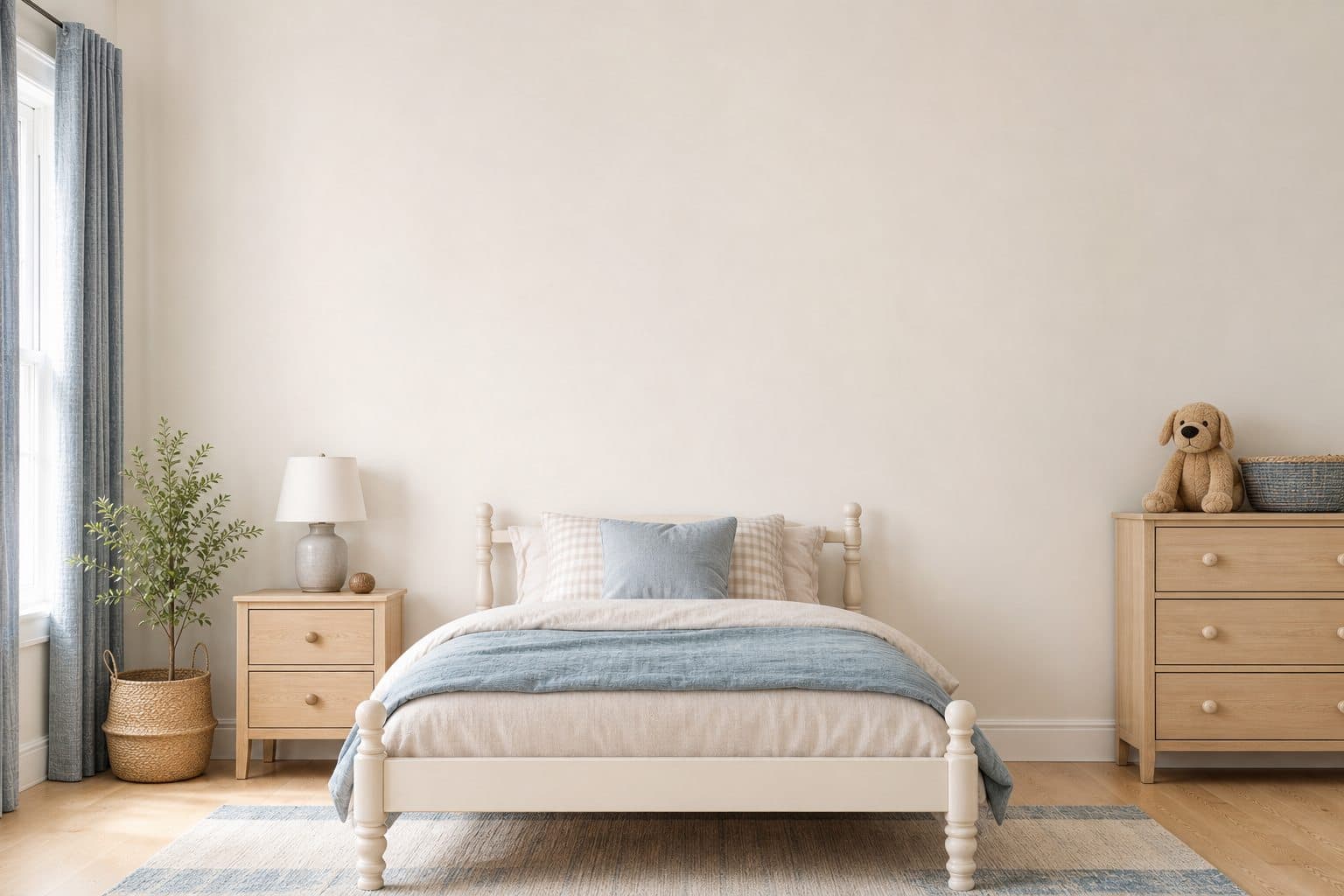 A bright child's bedroom with Explorers prints above the bed