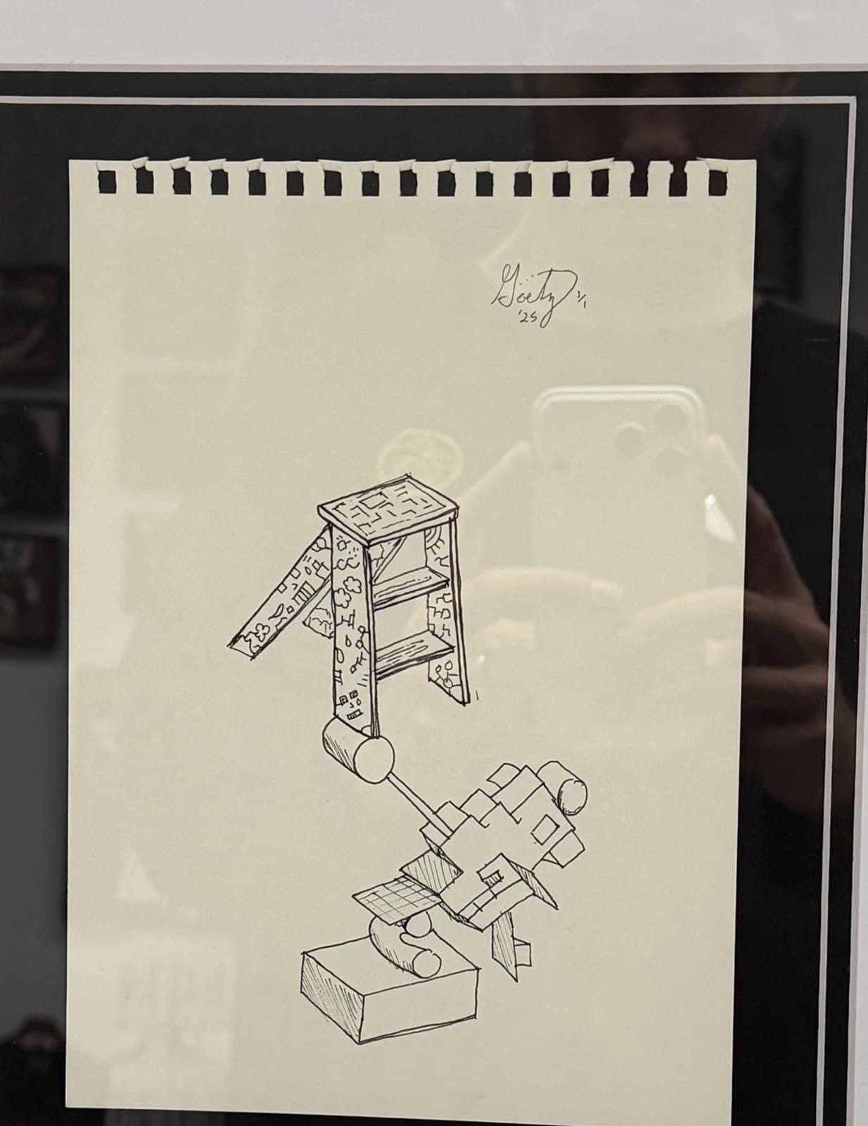 Vertical framed ink drawing from the Process Sketches series