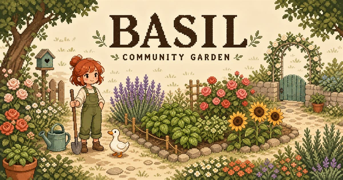 Basil Community Garden with pixel flowers, herbs, and garden visitors