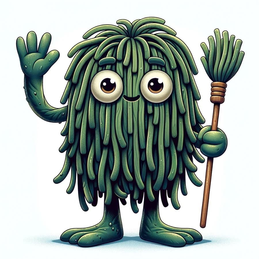 Gromas, the green Gobbledygook leader, holding his bristled staff