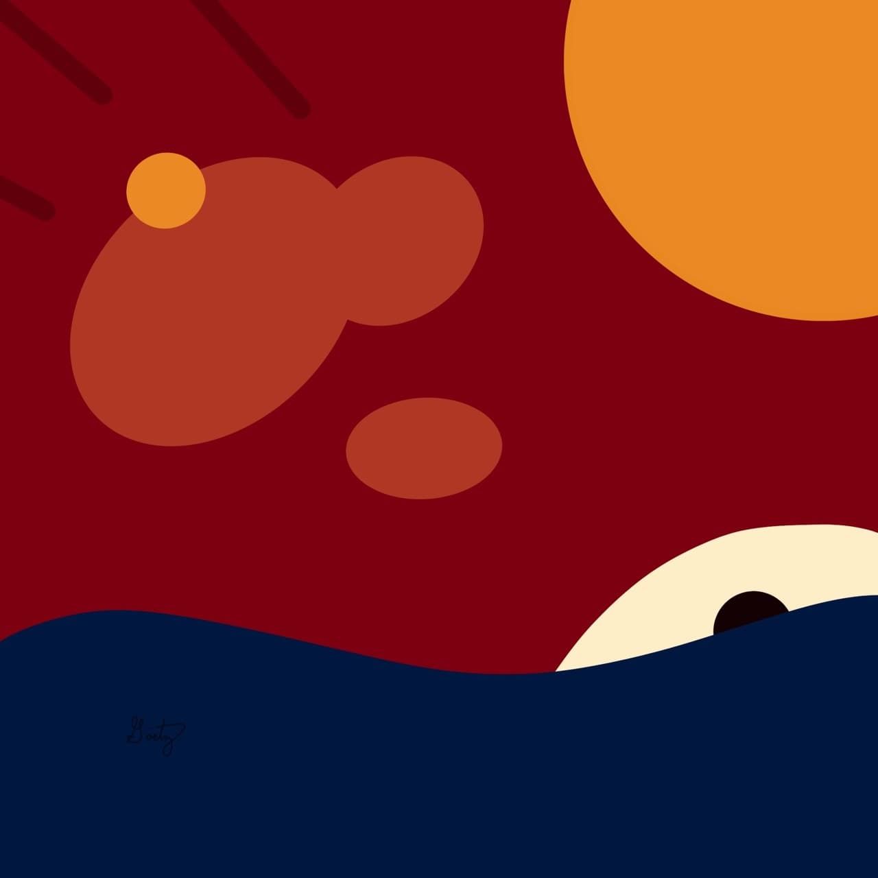 Portland Sun, a square digital artwork with a red sky, orange forms, a cream eye, and a deep blue horizon